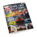 Titelblatt der Zeitschrift „Welt der Wunder“ Ausgabe 7/26 mit dunkelblauem Hintergrund; zentrale Bildmontage zeigt ein großes Tankschiff vor einer brennenden Ölplattform und eine iranische Flagge, daneben Porträts zweier männlicher Personen im Anzug. Hauptüberschrift: „Die größten Energielügen 2026“. Weitere Textfelder zu Themen wie Lockdown-Pläne, Benzinpreise, Klimaschutz, Facebook-Gesichtsanalyse, Mongolen und Tiere.