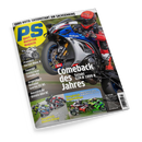 Titelblatt des Magazins „PS sport motorrad magazin“ mit einem Foto einer Person in rotem Helm und schwarzer Lederkombi auf einer blau‑weiß‑roten Suzuki GSX‑R 1000 R im Vordergrund, Aufschrift „Comeback des Jahres“. Weitere sichtbare Texte: „Vergleich Super­bikes“, „Vergleich Naked Bikes“, „Premiere Norton Manx R“, „TunerGP Hobbyracer Yamaha R1“. Schräge Nahansicht mit grauem Hintergrund.