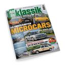 Titelblatt des Magazins „Auto Bild Klassik“ mit der Hauptüberschrift „Die unbekannten Microcars“ in großen gelben Buchstaben. Im oberen Bereich drei Kleinwagen in Orange, Grün und Gelb nebeneinander auf der Straße, darunter zwei weitere Fahrzeuge: ein silberner Opel Manta 400 mit Rallyestreifen und ein beiger Mercedes mit rotem Streifen und Rauchentwicklung. Zusätzliche Textzeilen zu Themen klassischer Autos auf blau-grauem Hintergrund.