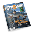 Titelbild der Zeitschrift „Fisch & Fang“ zeigt einen männlich gelesenen Angler in dunkler Outdoor-Kleidung, der auf einem Boot einen großen Hecht quer vor dem Körper hält; Hintergrund: See und bewaldete Berge. Sichtbare Texte: „Hechte mit Hybridköder“, „So fängt man auf großen Seen“, „Heiße Platte – Tagsüber bei Sonne“, „Auf Achse – Räuber am Fluss“, „Schnelle Tonne – Räuchern ganz einfach“ sowie Magazin-Slogan „Das Erlebnis-Magazin für Angler“.