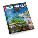 Titelbild des Reisemagazins „Reise & Preise“ mit der Aufschrift „Den Sommer verlängern – 19 traumhafte Ziele für die Nebensaison“. Im Hintergrund eine mediterrane Küstenlandschaft mit türkisblauem Meer, weißen Felsen, grünen Bäumen und einem Strand mit Sonnenschirmen. Weitere Textbereiche nennen Reiseziele: Queensland, Istrien, Bangkok, Irland und Marokko.