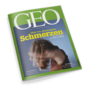 Titelblatt der Zeitschrift „GEO“ (Ausgabe Juli 2024) mit grünem Rand und großem weißen Logo oben. Darunter gelbe Überschrift „Hilfe bei chronischen Schmerzen“ und Untertitel „Neue Therapien für Körper und Seele“. Zentrales Bild: mehrfache Überlagerung einer sitzenden weiblichen Person, die den Kopf mit beiden Händen hält. Unten Textzeilen zu Themen „Psychosomatik“, „Ghana“ und „Indonesien“ auf blau-grauem Hintergrund.