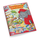 Bunt gestaltetes Kindermagazin „Benjamin Blümchen“ mit der gezeichneten Elefantenfigur in roter Kleidung und roter Mütze, die mit einer Lupe ein grünes Chamäleon betrachtet. Auf der Titelseite stehen Texte wie „Gemüse-Snacks“, „So sehen Tiere“, „Doras Rechenpyramide“ und „Ein fliegendes Chamäleon“. Weitere bunte Tierillustrationen, eine Rechentafel sowie das Verlagslogo „Blue Ocean“ sind sichtbar.