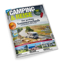 Titelblatt des Magazins „Camping & Reise“, Ausgabe Sommer 04-26. Im Mittelpunkt ein Wohnmobil auf einer kurvigen Landstraße durch hügelige Landschaft, darüber der Text „Der perfekte Sommerurlaub in Deutschland und Europa“. Weitere sichtbare Texte: „31 Tipps für Pässe & Berge“, „Kärnten entdecken“, „Luxus-Reisemobile“, „Portugal“, „Schweiz“, „Bretagne“ und „Vorzelte“. Farbtöne: Grün, Blau, Gelb und Weiß auf hellem Hintergrund.