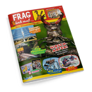 Titelbild des Kindermagazins „Frag doch mal… Das Wissensmagazin“ mit großem Foto eines Hirschkäfers auf grünem Hintergrund in der Mitte. Oben rote Titelleiste mit gelbem Logo und Zeichentrickfigur, daneben Foto von Erdmännchen. Weitere Bildbereiche zeigen eine Solaranlage, einen gelben Zug, ein Tigerfoto, eine Achterbahn, Rafting-Szene und den Hinweis „2 Poster“. Farbenreiche Gestaltung mit roten, gelben und blauen Textfeldern.