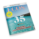Titelblatt der Zeitschrift „ECOS“ aus der Reihe „ZEIT SPRACHEN“. Großes Titelmotiv zeigt eine Person in schwarzer Badekleidung, die auf dem Rücken im türkisfarbenen Meer nahe einer felsigen Küste treibt. Überschriften: „35 Tipps für den perfekten Sommer in Spanien“, „EL ABANICO – Die Geheimnisse des Fächers“, „GASTRONOMÍA – Die Küche der Kanarischen Inseln“ und gelber Kreis mit „GEWINNSPIEL – Superstar Juanes in Berlin“.