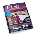 Titelblatt des Magazins „Cicero – Magazin für politische Kultur“ mit dem Aufmacher „Abgewählt. Der Untergang des deutschen Parteiensystems“. Illustration zeigt eine männliche Figur im violetten Anzug, die ein Plakat mit einem Politikerporträt abzieht und darunter Logos zahlreicher Parteien wie CDU, SPD, FDP, AfD, Die Grünen, Die Linke, BSW und Volt freilegt; Hintergrund in Violett- und Rottönen, runder Aufkleber mit dem Text „Sendestörung“.