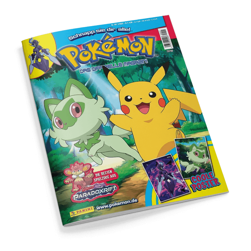 Titelbild des Magazins „Pokémon – Das offizielle Magazin“ mit den gezeichneten Figuren Pikachu rechts und Felori links vor Waldhintergrund; obere Randaufschrift „schnapp sie dir alle!“, unten Werbetexte „DIE BESTEN SPIELZEUGE AUS Pokémon-Sammelkartenspiel PARADOXRIFT“ und „COOLE POSTER“, mit Webadresse „www.pokemon.de“ und Panini-Logo.