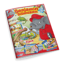 Magazin-Cover Benjamin Blümchen. Der Elefant Benjamin Blümchen mit Lupe betrachtet ein Chamäleon. Weitere Themen: Gemüse-Snacks, Wissen: So sehen Tiere, Vorlesegeschichte: Ein fliegendes Chamäleon, Rechenpyramide.