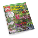 Titelblatt der Zeitschrift „Lisa Blumen & Pflanzen“, Ausgabe August 2026, mit grünem Hintergrund und großem gelbem Schriftzug. Im Mittelpunkt eine Gartenszene mit bunt blühenden Dahlien, Zinnien und anderen Sommerblumen in Töpfen und Blumenkästen auf einer Holzterrasse. Textausschnitte u. a.: „Bunte Blütenfülle – Endlich Dahlienzeit!“, „Jetzt freuen wir uns auf …“, „Erfrischende Wasserspiele“, „Entglück im Topfgarten“.
