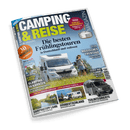 Cover des Camping & Reise Magazin mit einem weißen Wohnmobil und einer Person davor unter blauem Himmel. Hauptschlagzeile: Die besten Frühlingstouren in Deutschland und weltweit.