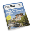 Capital Magazin Cover, Ausgabe Mai 2025, zeigt eine herrschaftliche Villa am Wasser mit Boot. Titel: Der große Immobilien-Kompass 2025.