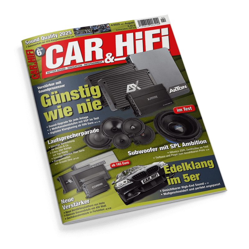 Cover des Magazins CAR & HIFI, Ausgabe Juli/August 2025, zeigt verschiedene Auto-HiFi-Verstärker, Lautsprecher und einen Subwoofer, mit Schlagzeilen wie Günstig wie nie und Edelklang im 5er.
