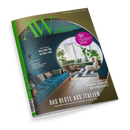 Titelbild des Magazins „AW Architektur & Wohnen“ mit olivgrünem Rand und grünem Schriftzug, mittig eine halbkreisförmige Raumaufnahme mit türkisblauer Samtcouch, Holzboden, runder Lampe und Blick auf ein helles Wohnzimmer mit grüner Couch und Pflanzen. Aufdrucke: „Das Beste aus Italien“, „AW Architekt des Jahres 2026“, „Mailand für Design-Fans“ und „Stauden, Struktur und Sinnlichkeit“.