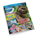 Titelblatt des Magazins „Galileo genial“ mit großer Aufnahme eines braunen Faultiers auf grünem Hintergrund und der Überschrift „Tierisch faul oder nur entspannt?“. Weitere sichtbare Texte und Bilder zeigen ein buntes Modell eines Skorpions mit dem Hinweis „Extra! Der Finger-Skorpion“, ein Gletscherfoto mit der Zeile „Gletscher in Not“, eine Handballspielerin, eine Person mit Hautfleck sowie eine sportlich springende Person.