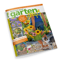 Schräg abgebildetes Gartenmagazin „garten spass“, Ausgabe September 2026, auf schwarzem Hintergrund. Das Cover zeigt eine weibliche Person ohne sichtbares Gesicht mit grüner Gießkanne, Sonnenblumen, Blumenbeeten und einer Katze; lesbare Texte: „Gärtnern leicht gemacht“, „Trends für Topf & Terrasse“, „Blühende Sterne“, „Volle Kanne Spätsommer“ und „Schick & schnell Pflanzen-Deko im Korb“.