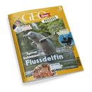 GEOlino mini Magazin-Cover: Ein Flussdelfin springt aus dem Wasser, mit der Schlagzeile Spitze Schnauze! Flussdelfin.