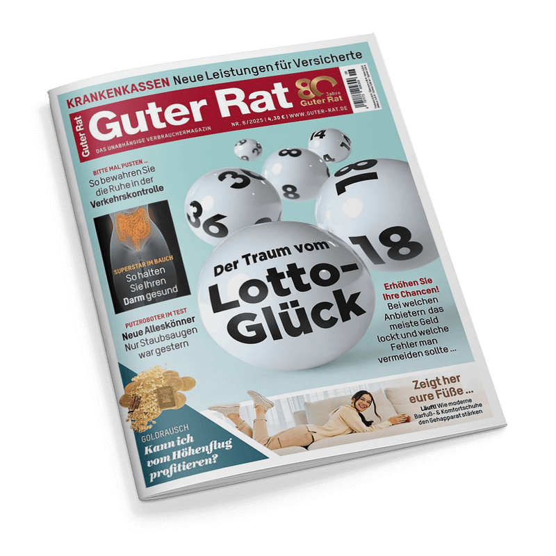 Cover des Magazins Guter Rat mit Lottokugeln und den Schlagzeilen Der Traum vom Lotto-Glück sowie Krankenkassen Neue Leistungen für Versicherte.