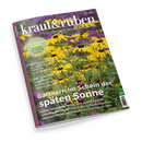 Schräg dargestellte Gartenzeitschrift „kraut&rüben“ mit violettem Rücken und Titelbild aus gelben Blüten, grünen Stängeln und Blättern vor violett-grünem Hintergrund. Sichtbare Texte: „SCHÖNER. WILDER. BIOGARTEN.“, „Gärtnern im Schein der späten Sonne“, „COOL-FLOWER-METHODE: Jetzt säen, im Frühling strahlen“, „Die Tomaten sind reif!“ sowie das „dlv“-Logo.