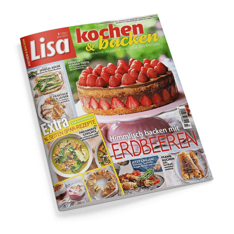 Cover der Zeitschrift Lisa kochen & backen mit einer Erdbeer-Schoko-Torte und der Schlagzeile Himmlisch backen mit ERDBEEREN.