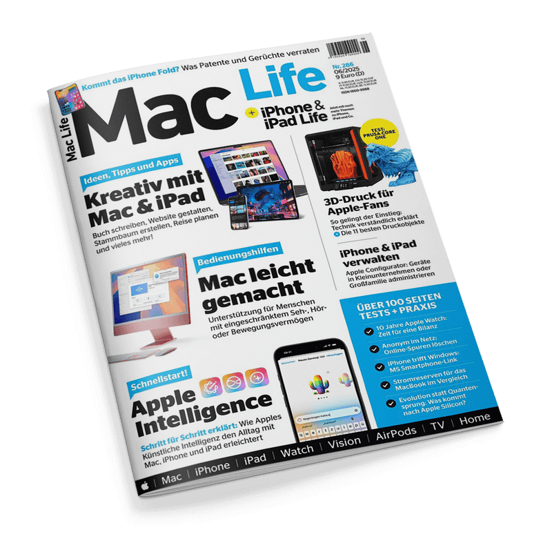Titelseite des Magazins Mac Life + iPhone & iPad Life, zeigt verschiedene Apple-Geräte, einen 3D-Drucker und Schlagzeilen wie Kreativ mit Mac & iPad und Apple Intelligence.