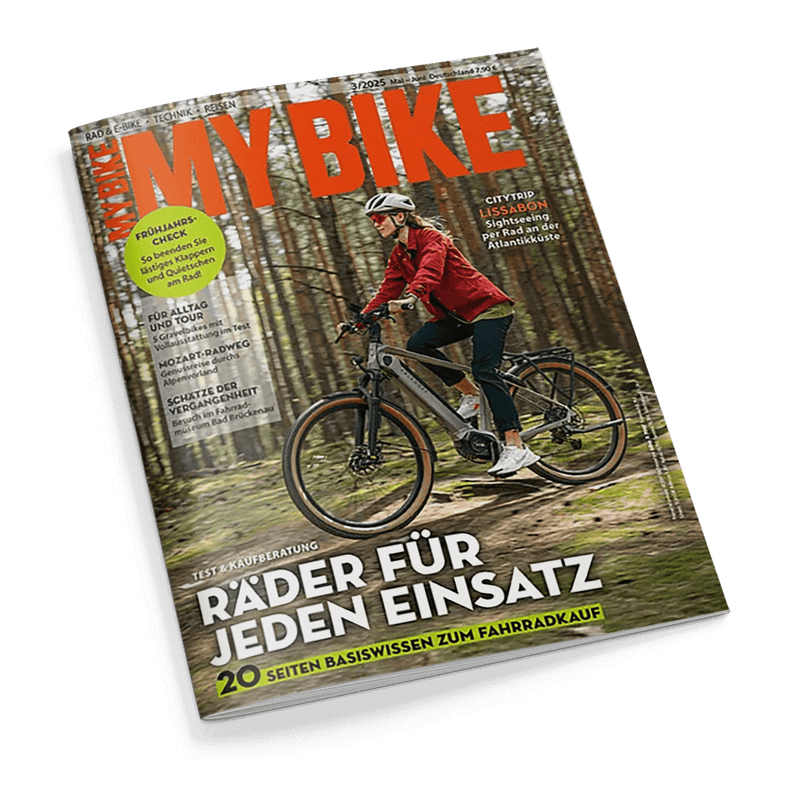 Cover der Zeitschrift MY BIKE mit einer Person auf einem E-Bike im Wald und der Schlagzeile RÄDER FÜR JEDEN EINSATZ.