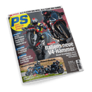 PS Sport Motorrad Magazin Cover mit zwei Motorradfahrern auf Sportmotorrädern, einer im Wheelie, und der Schlagzeile Italiens neue V4-Hämmer.