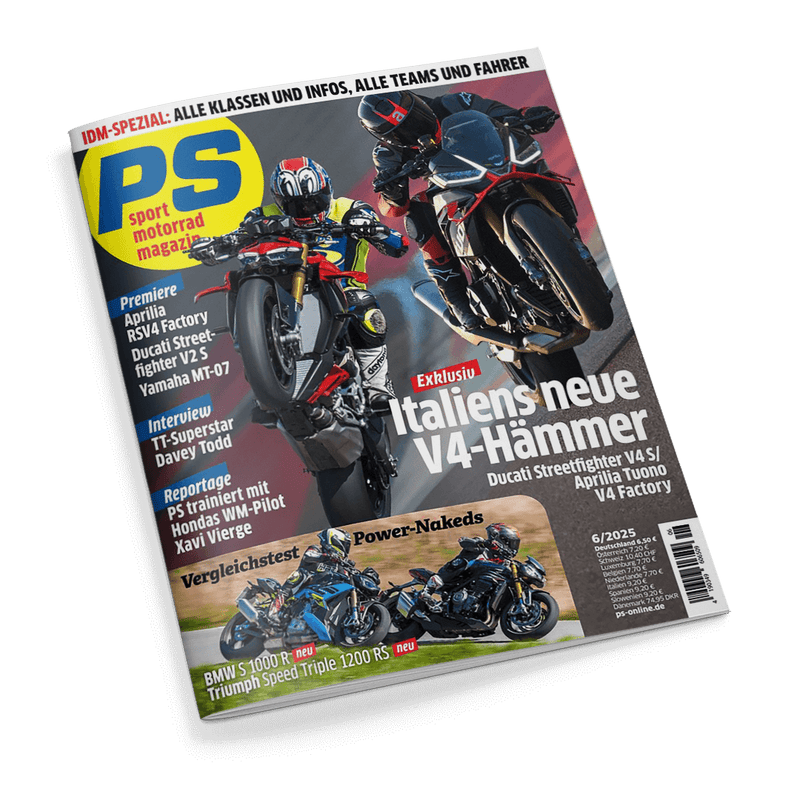 PS Sport Motorrad Magazin Cover mit zwei Motorradfahrern auf Sportmotorrädern, einer im Wheelie, und der Schlagzeile Italiens neue V4-Hämmer.