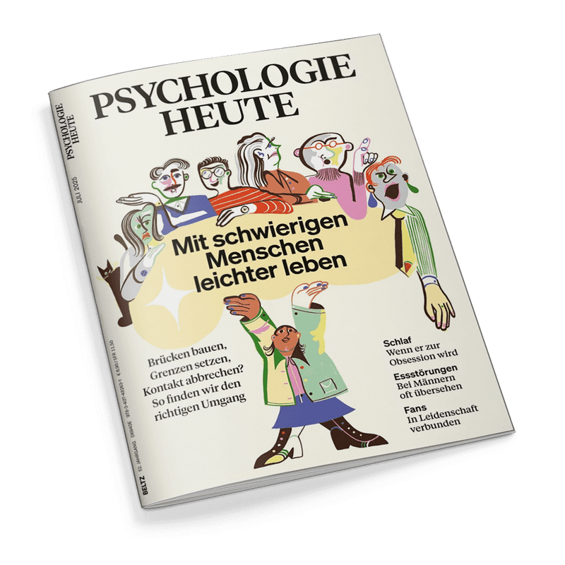 Cover der Zeitschrift Psychologie Heute, Juli 2025, mit einer Illustration verschiedener Menschen um die Schlagzeile Mit schwierigen Menschen leichter leben.