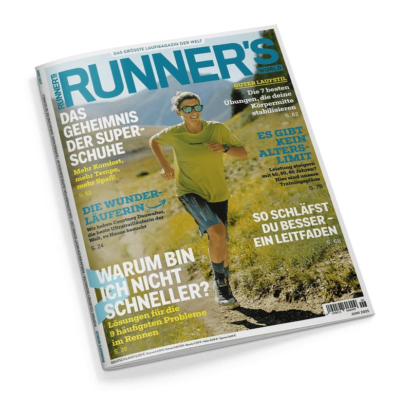 Runner's World Magazin, Juni 2025. Das Cover zeigt eine Läuferin in Sportkleidung beim Laufen auf einem Trail. Hauptschlagzeilen: Das Geheimnis der Superschuhe, Es gibt kein Alterslimit.
