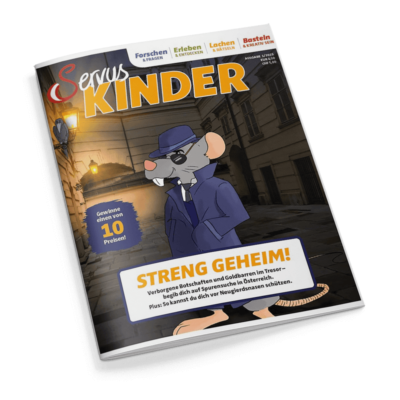 Magazin Servus KINDER, Cover mit einer Detektivmaus in dunkler Gasse und der Schlagzeile STRENG GEHEIM!.