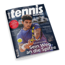 Cover des tennis MAGAZIN: Tennisspieler Carlos Alcaraz beim Schlag eines Balls, Hauptschlagzeile Sein Weg an die Spitze.