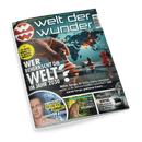 Cover des Magazins Welt der Wunder mit einer Hand, die eine Schachfigur auf einer Weltkarte platziert, Hauptschlagzeile: Wer beherrscht die Welt? Im Jahr 2030.