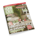 Wohnidee Magazincover: Terrasse mit gedecktem Tisch und viel Grün, Schlagzeile Lieblingsplatz im Grünen.