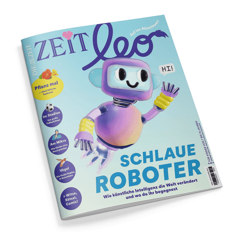 Cover von Zeit Leo mit einem freundlichen Roboter und der Schlagzeile 'Schlaue Roboter'.